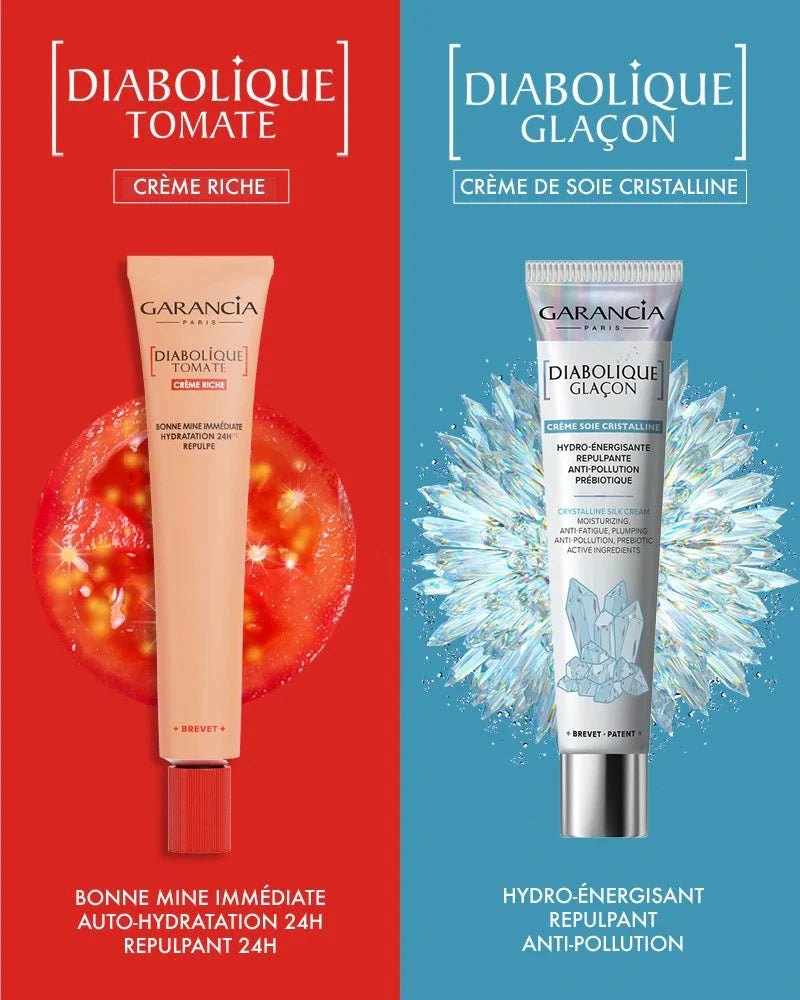 comparación del cubito de hielo de crema de seda cristalina diabolique y la crema de día - crema rica en tomate diabolique