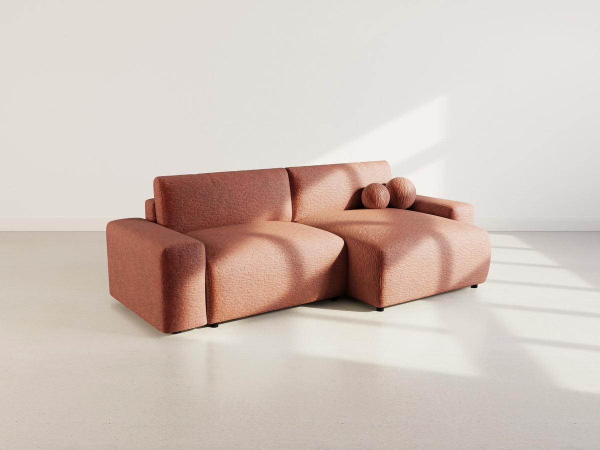 Constance - Canapé D'Angle Réversible 4 Places Convertible Avec Coffre - Velours Gaufré - Terracotta
