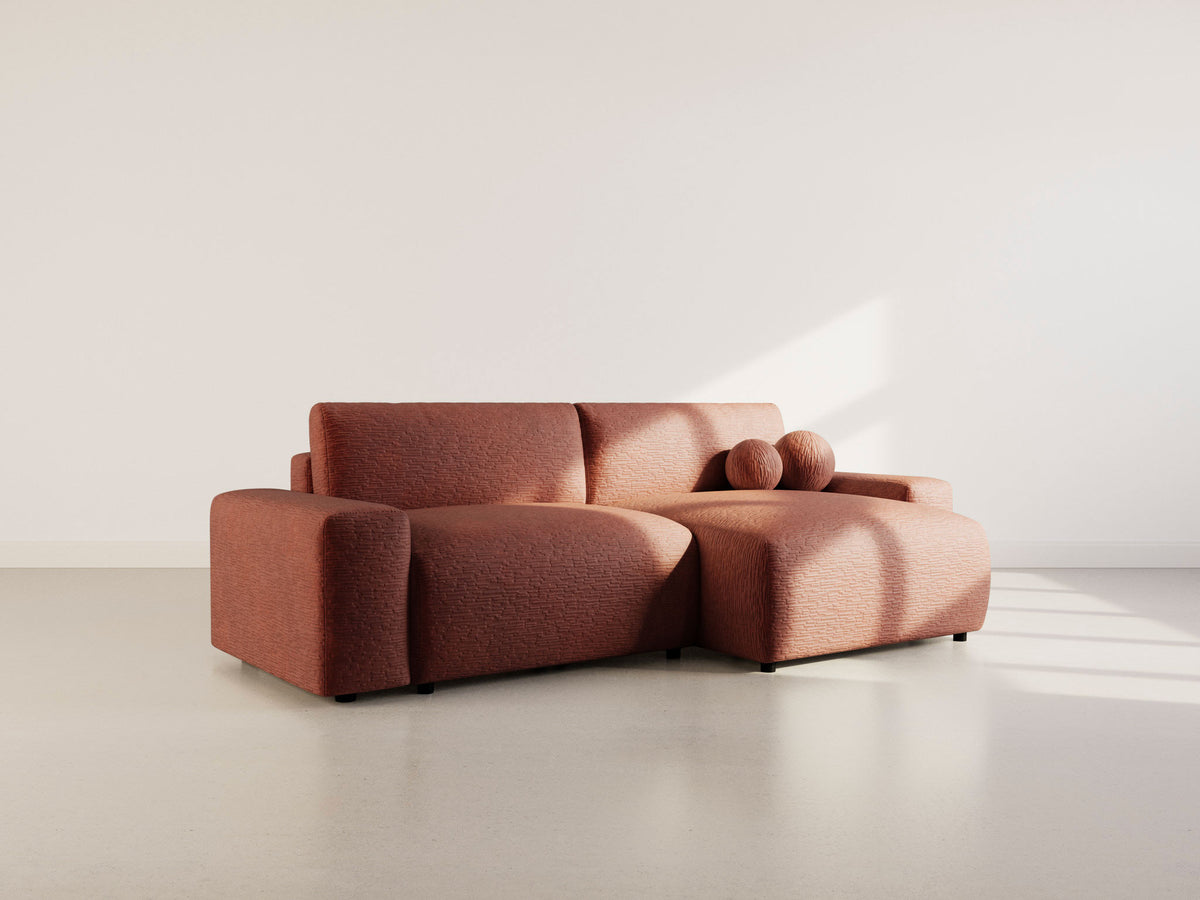 Constance - Canapé D'Angle Réversible 4 Places Convertible Avec Coffre - Velours Gaufré - Terracotta