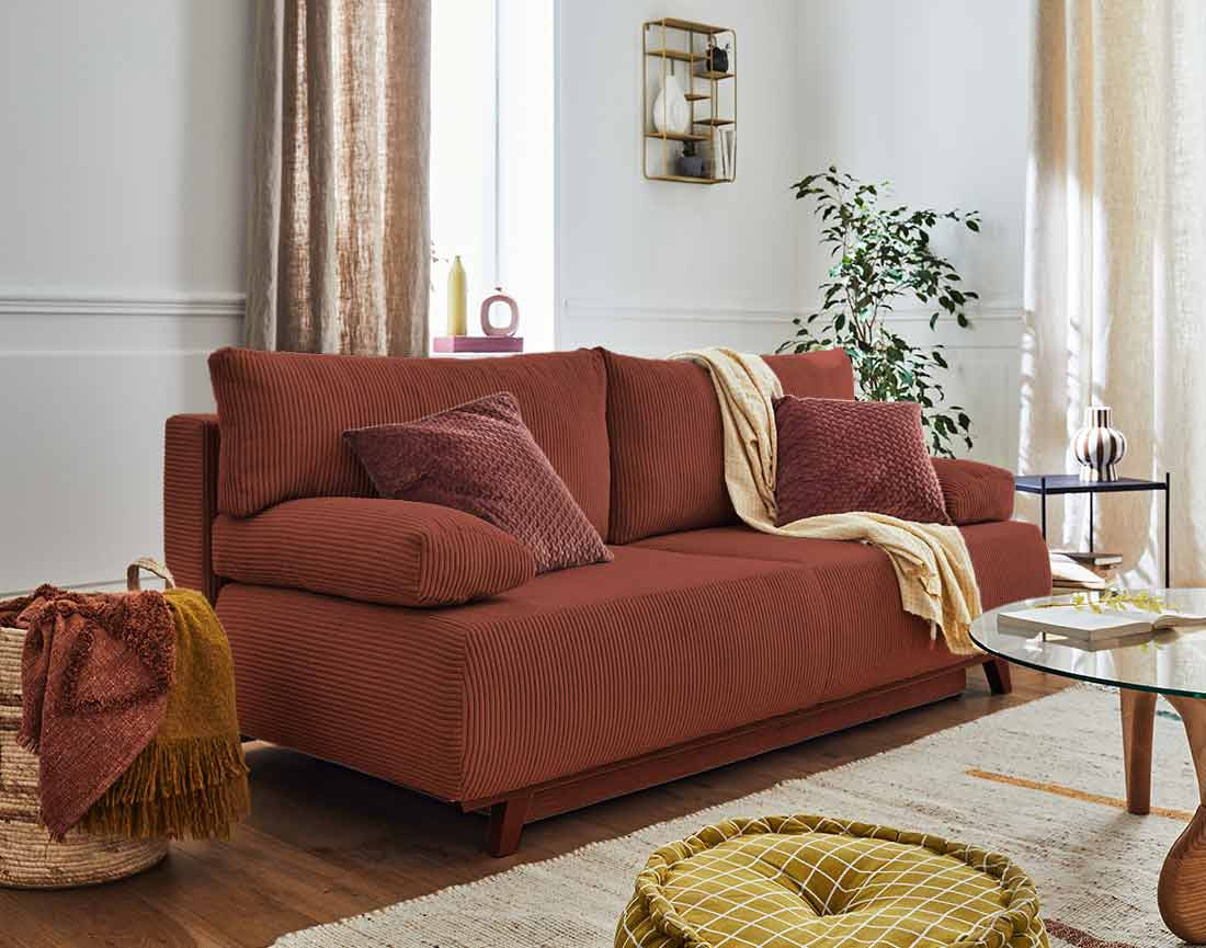 Cristal - 3-Seater Sofa Bed with Storage Compartment - Corduroy - Terracotta
