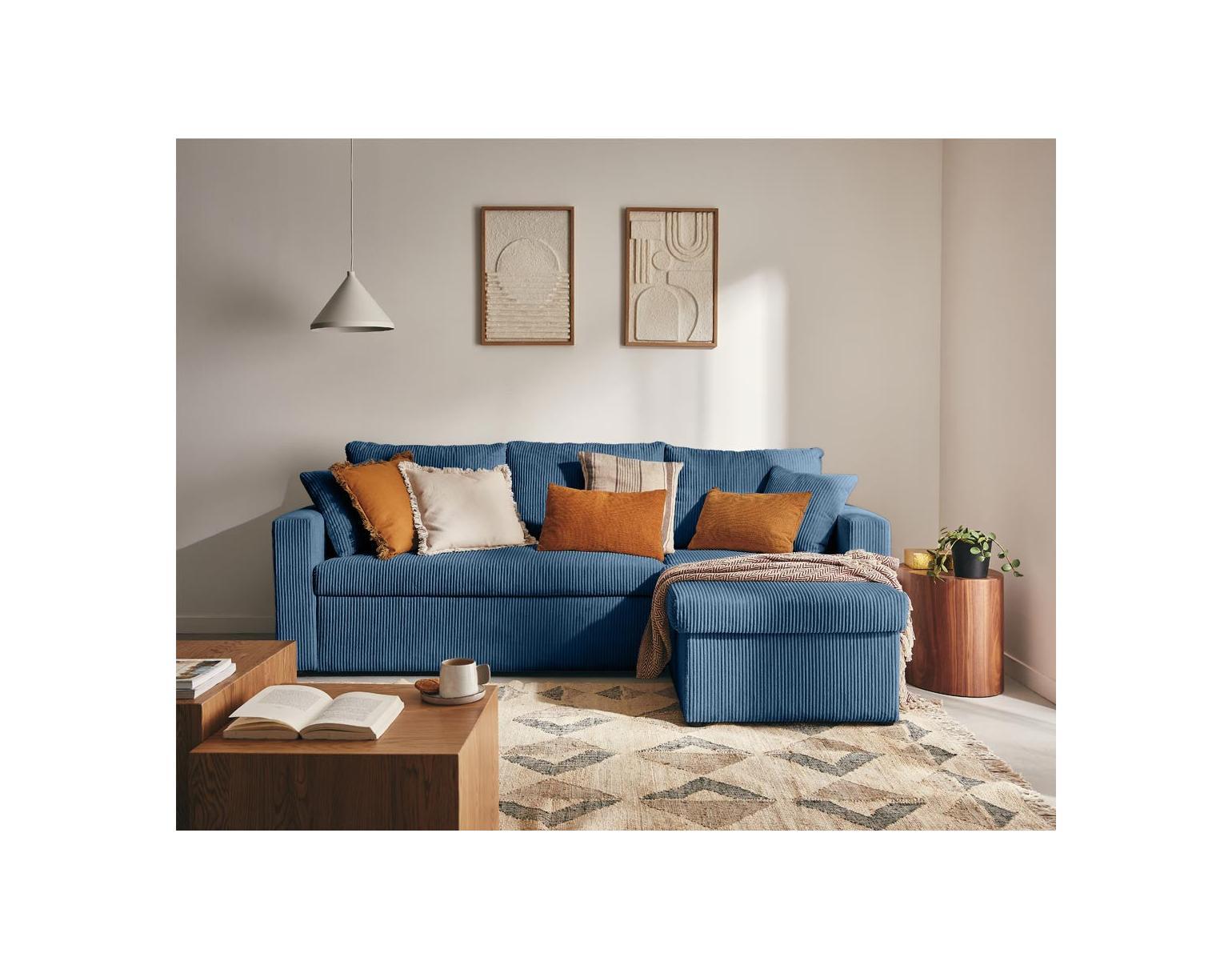 Cyrus - Reversible Convertible Corner Sofa with Storage - 4 Seats - Corduroy - Blue