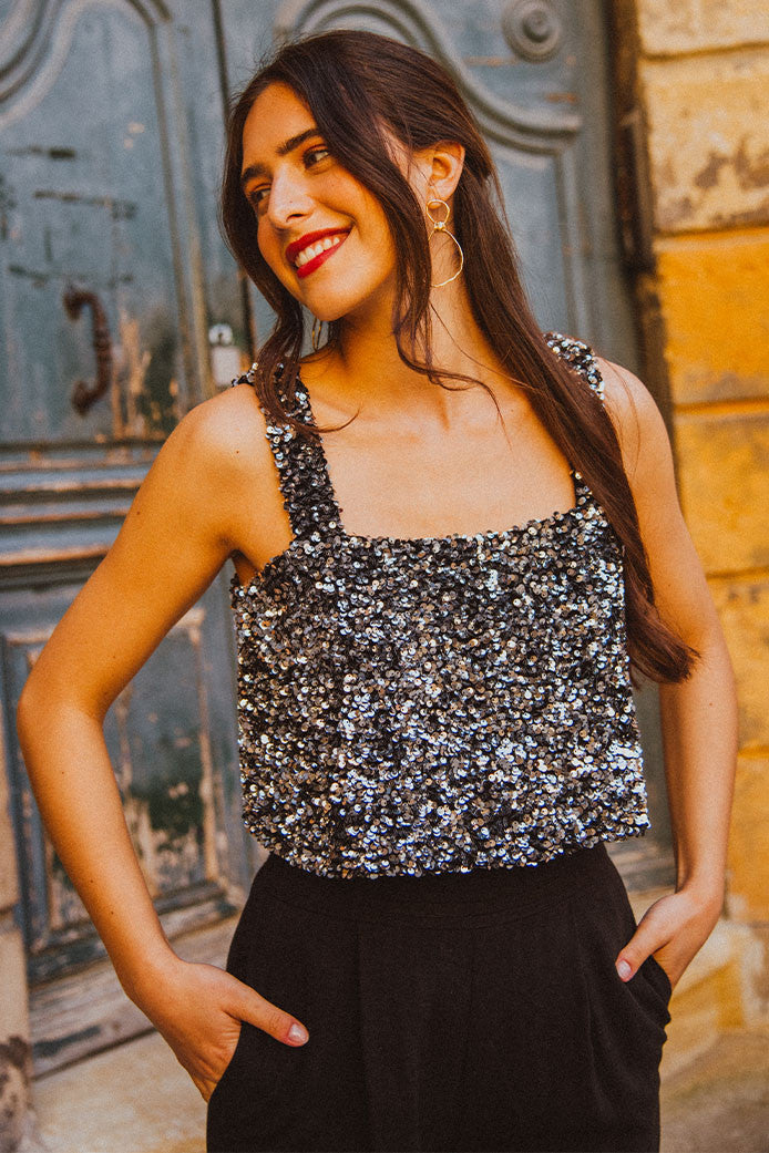 MAJDA SILVER SEQUIN VEST TOP