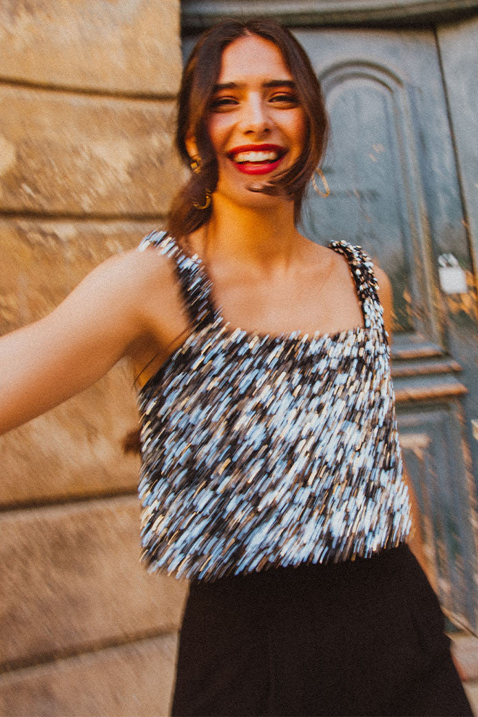MAJDA SILVER SEQUIN VEST TOP