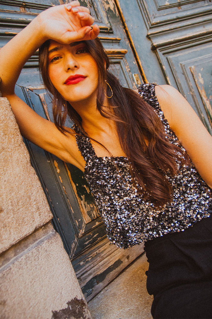 MAJDA SILVER SEQUIN VEST TOP