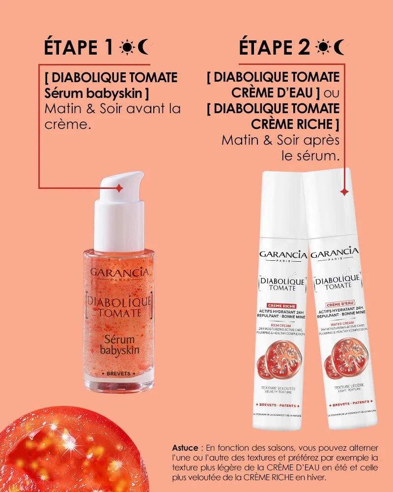 Pasos de aplicación del producto Diabolique tomate sérum babyskin: Paso 1 aplicación mañana y noche y paso 2 crema después del sérum
