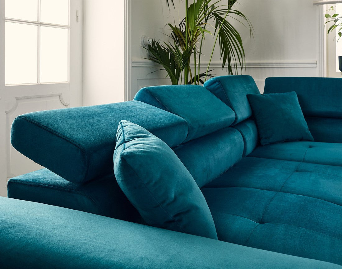 Dimas - 5-Seater Convertible Corner Sofa With Storage And Adjustable Headrests - Velvet - Blue