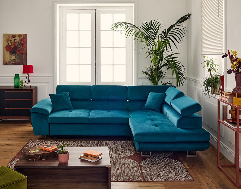 Dimas - 5-Seater Convertible Corner Sofa With Storage And Adjustable Headrests - Velvet - Blue