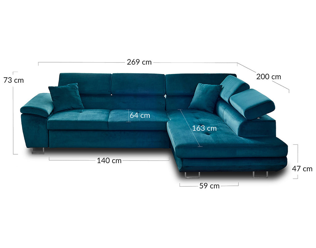 Dimas - 5-Seater Convertible Corner Sofa With Storage And Adjustable Headrests - Velvet - Blue