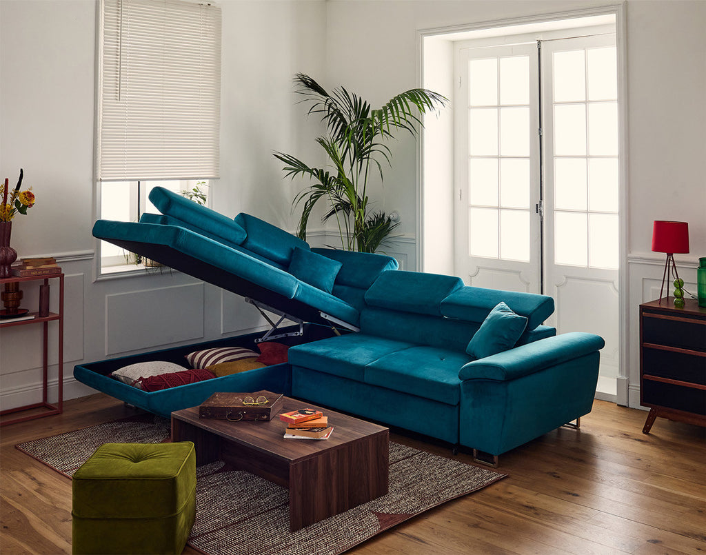 Dimas - 5-Seater Convertible Corner Sofa With Storage And Adjustable Headrests - Velvet - Blue