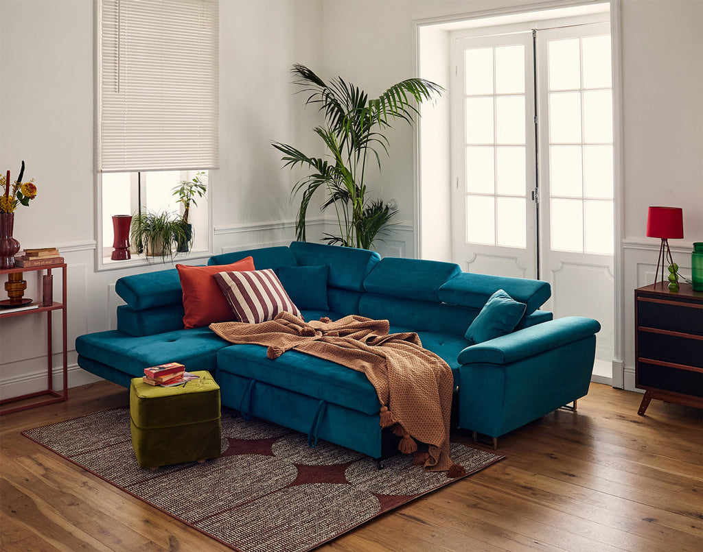 Dimas - 5-Seater Convertible Corner Sofa With Storage And Adjustable Headrests - Velvet - Blue