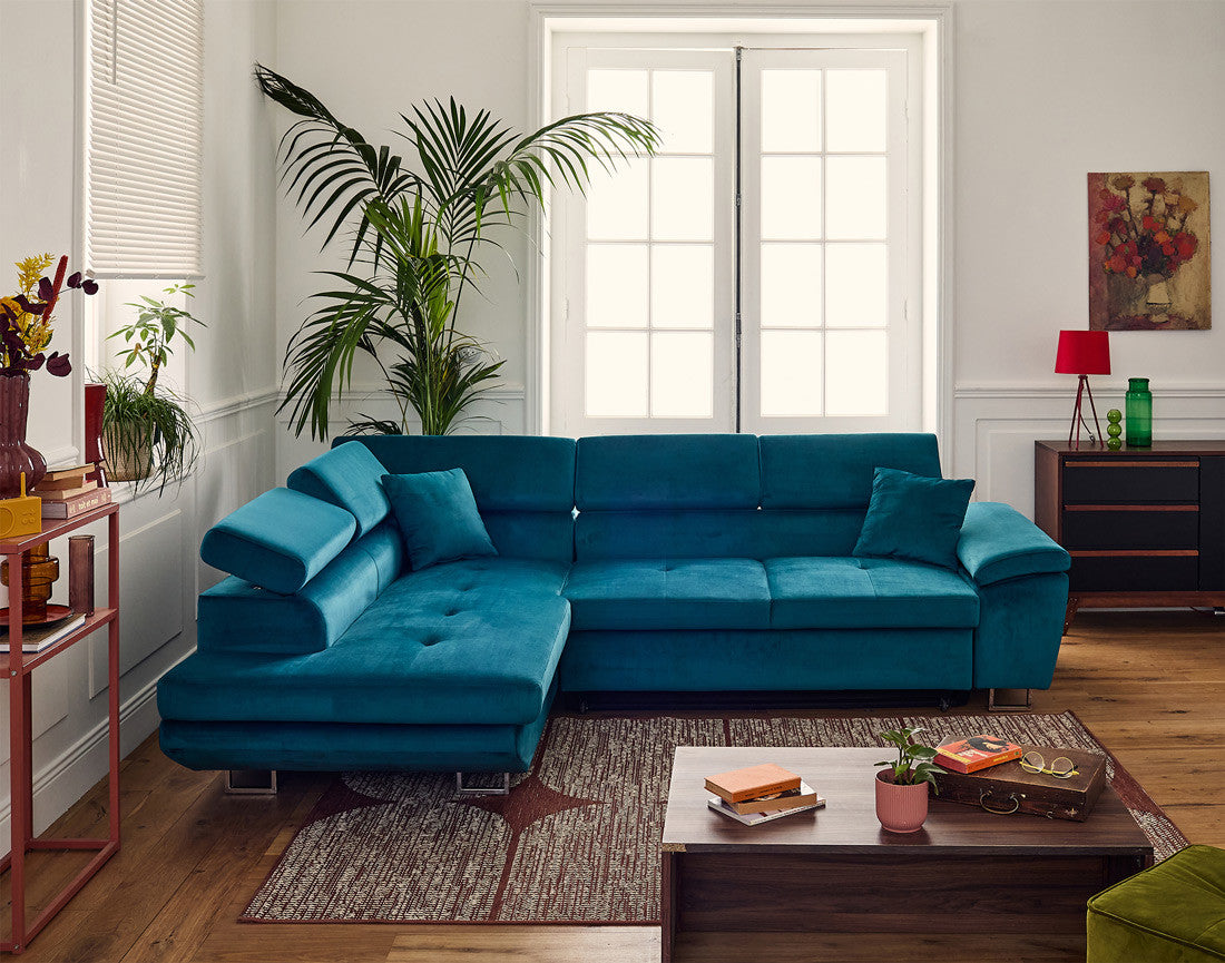 Dimas - 5-Seater Convertible Corner Sofa With Storage And Adjustable Headrests - Velvet - Blue
