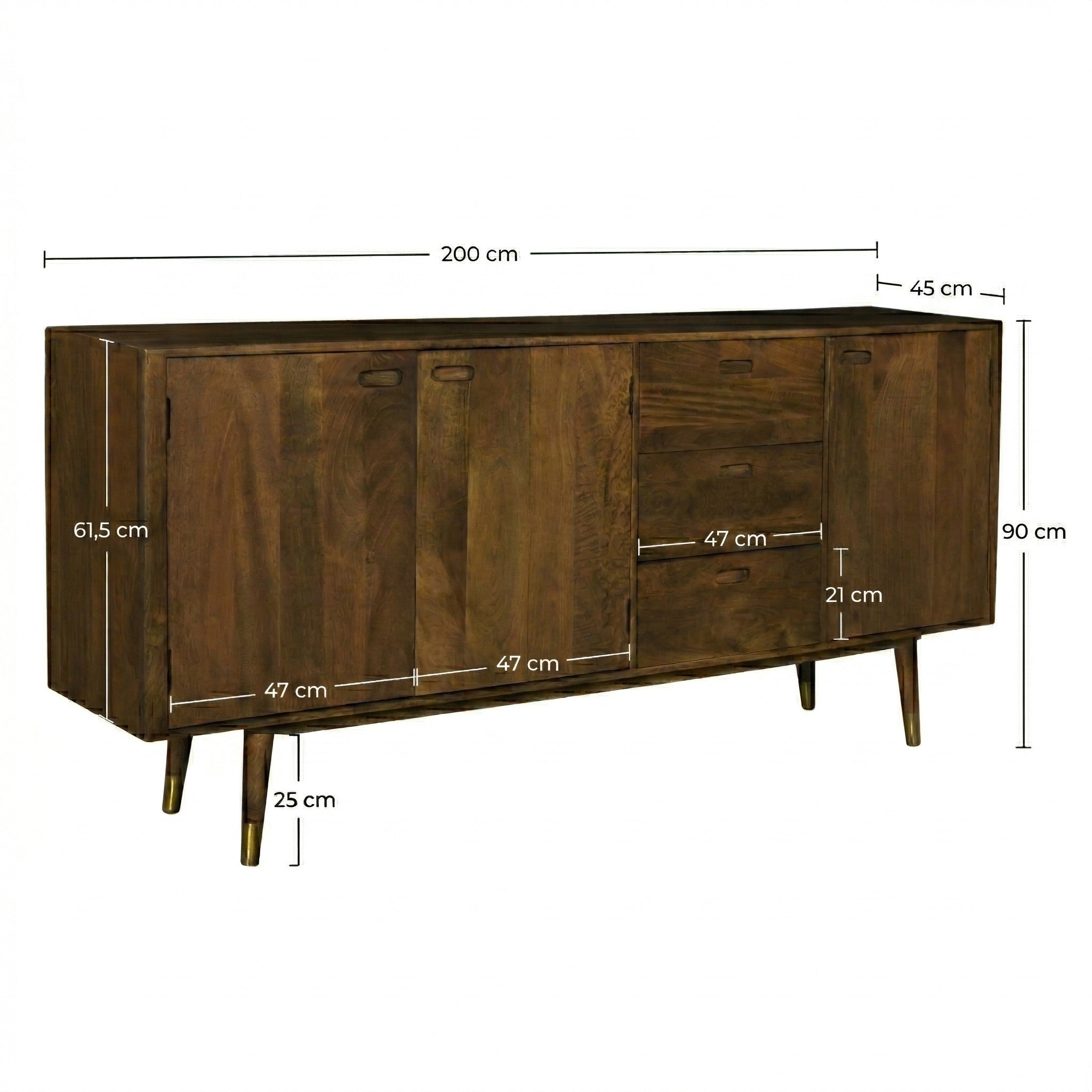 Colombo - Aparador De Madera Maciza 3 Puertas 3 Cajones Y Detalles Dorados