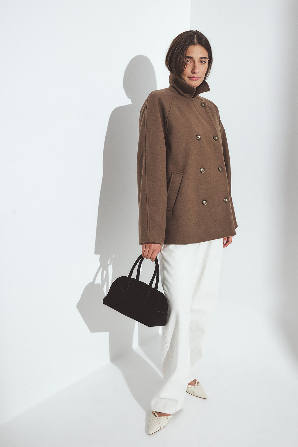 Double-Breasted Short Coat - Taupe