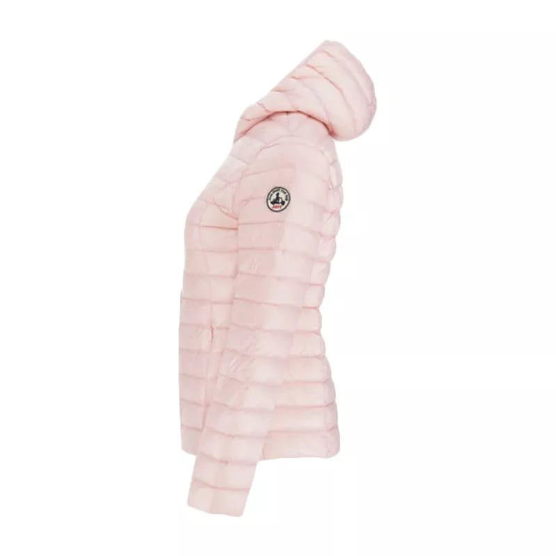 Jott – Donsjas met capuchon Cloe - Roze - Dames, pastelroze donsjas met capuchon, zijaanzicht op witte achtergrond
