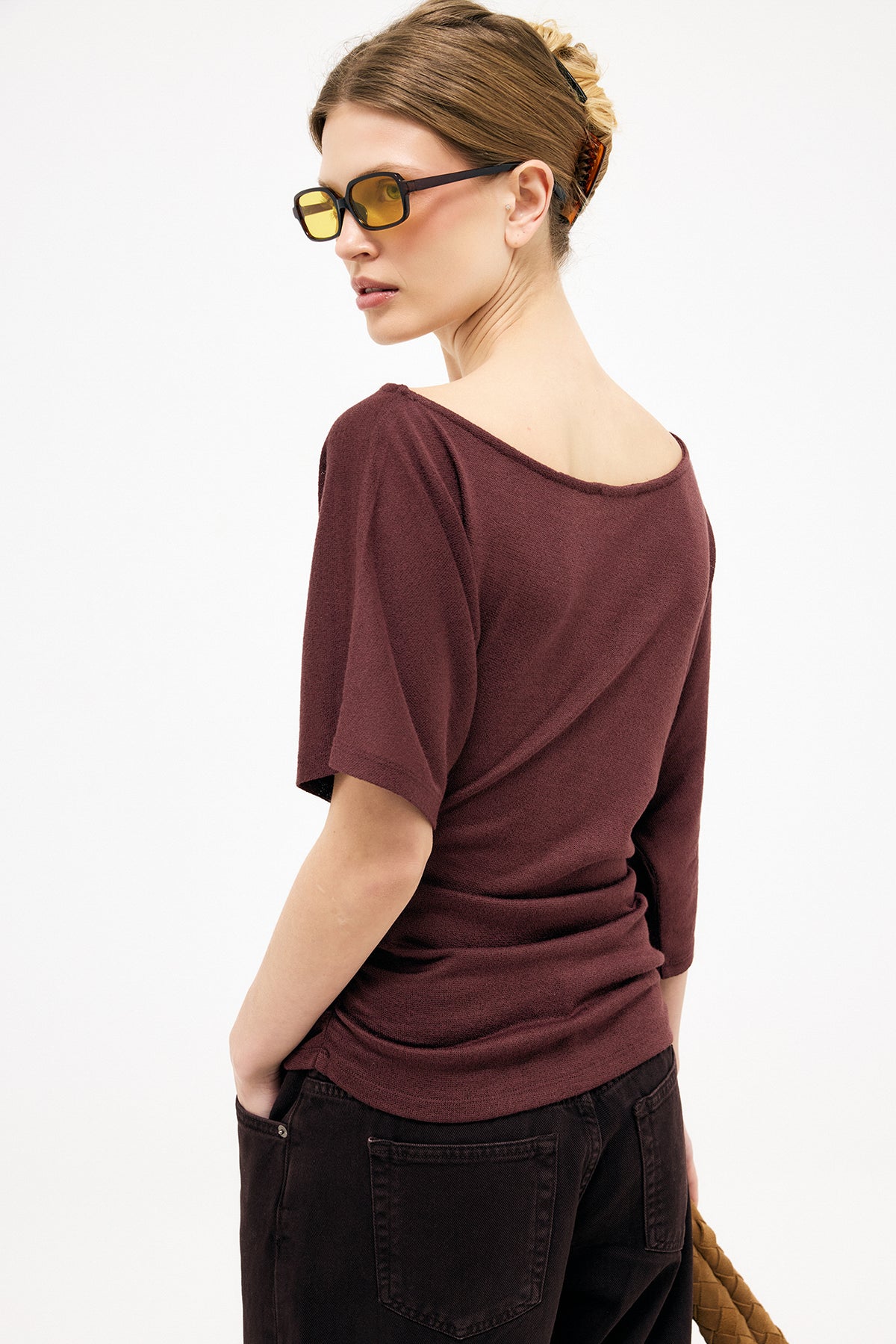 Draped Waist Focus Top - Brown