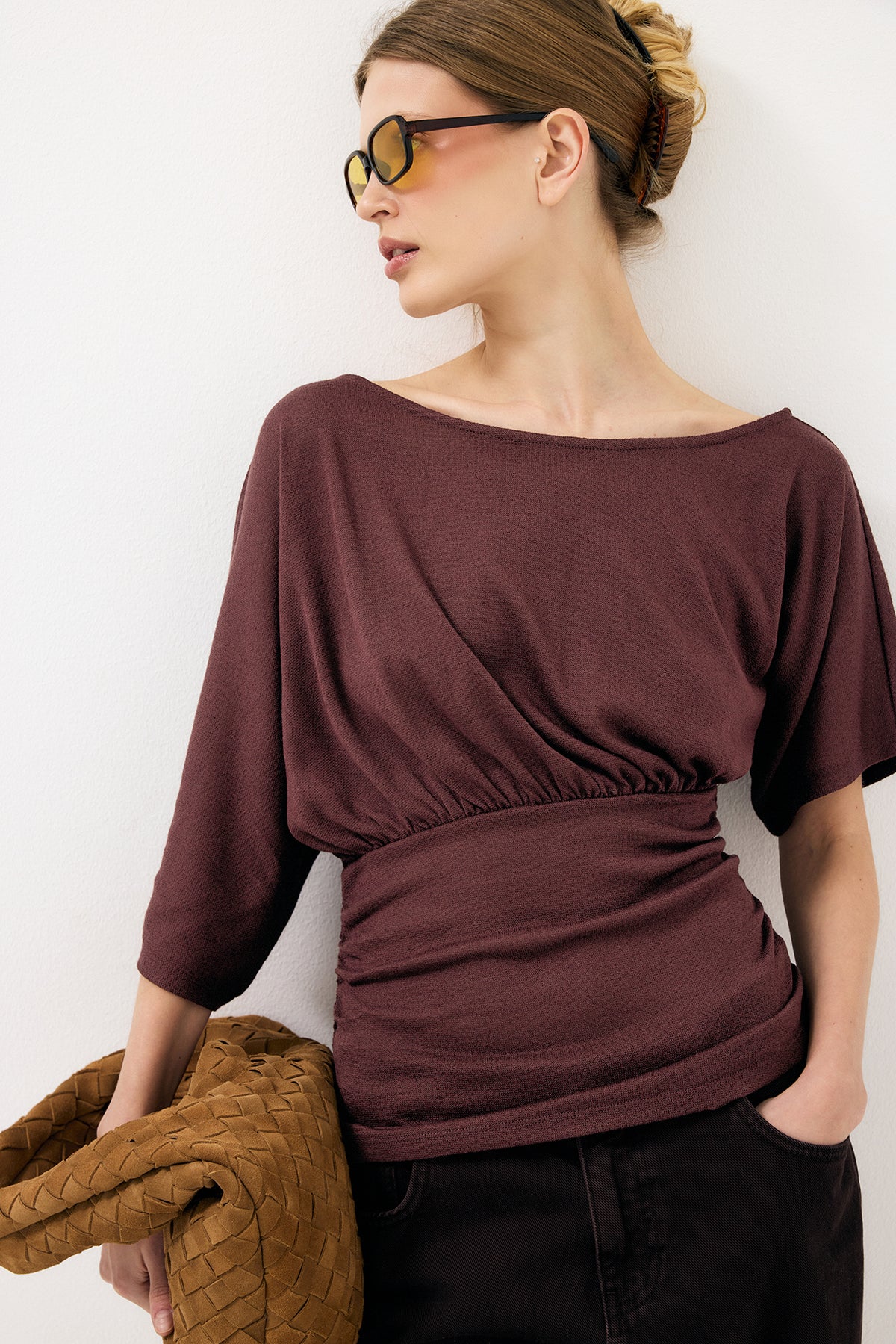 Draped Waist Focus Top - Brown