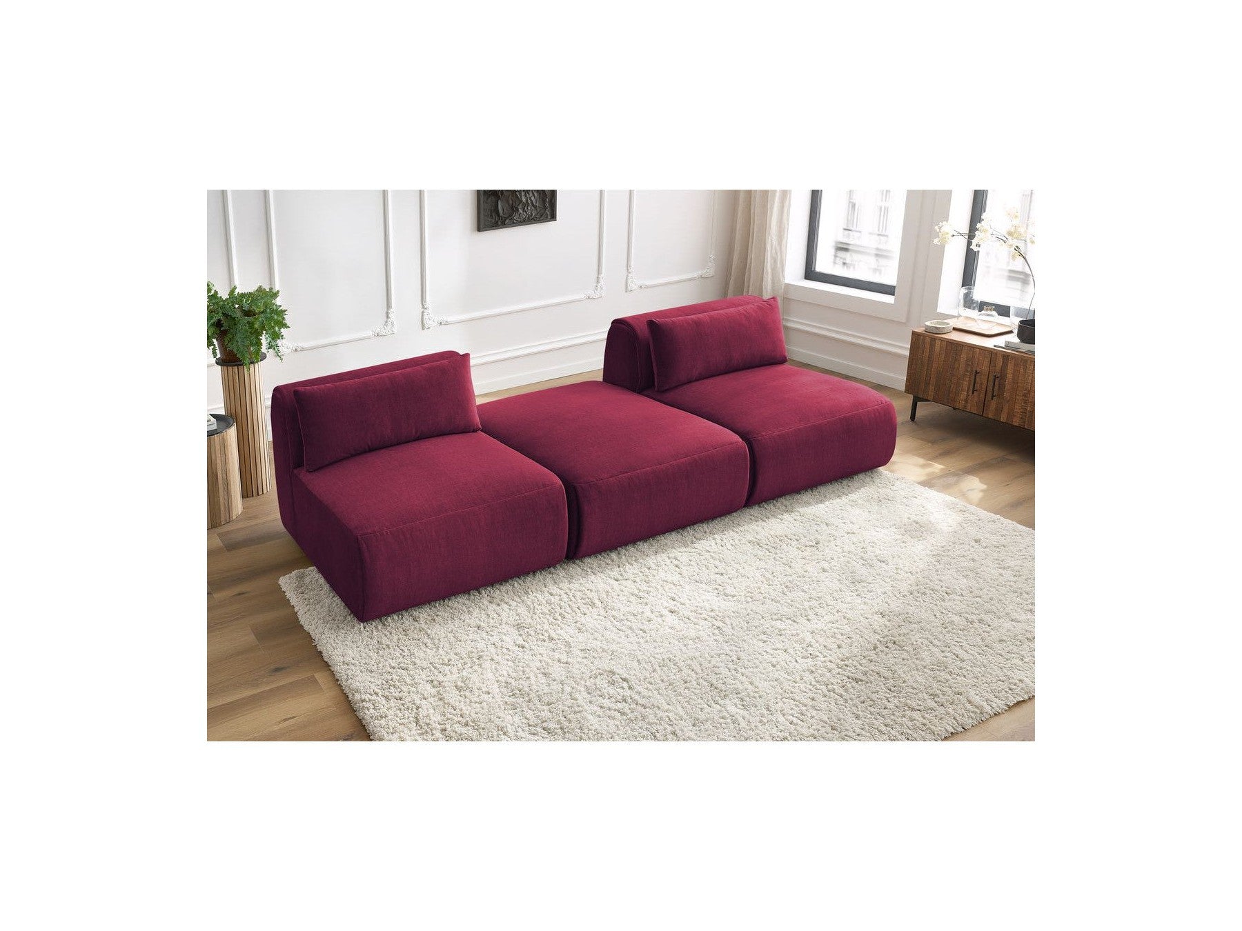 Sofá recto fijo de 3 plazas Jeanne de tela de terciopelo