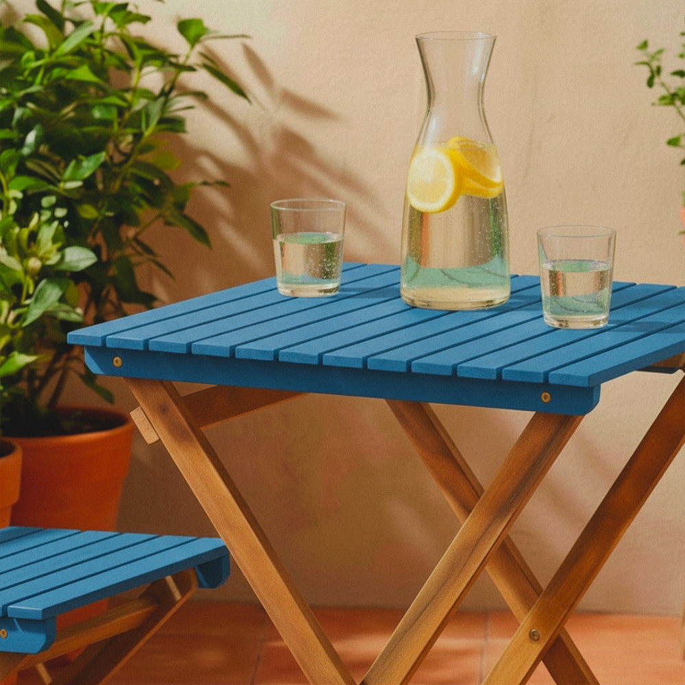 Dana - Conjunto de Mesa de Jardín Bistró Plegable y 2 Sillas - Madera - Azul