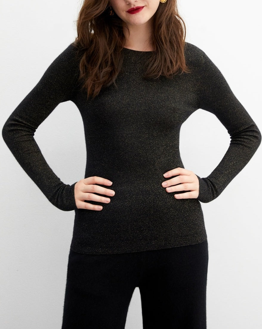Pull Ras De Cou Sans Couture Cotes Metallisees - Noir - Femme