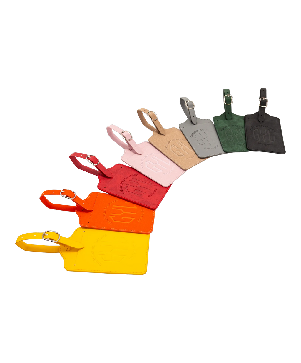 Étiquette à bagages GYL en cuir synthétique 8 coloris présentées en éventail fond transparent