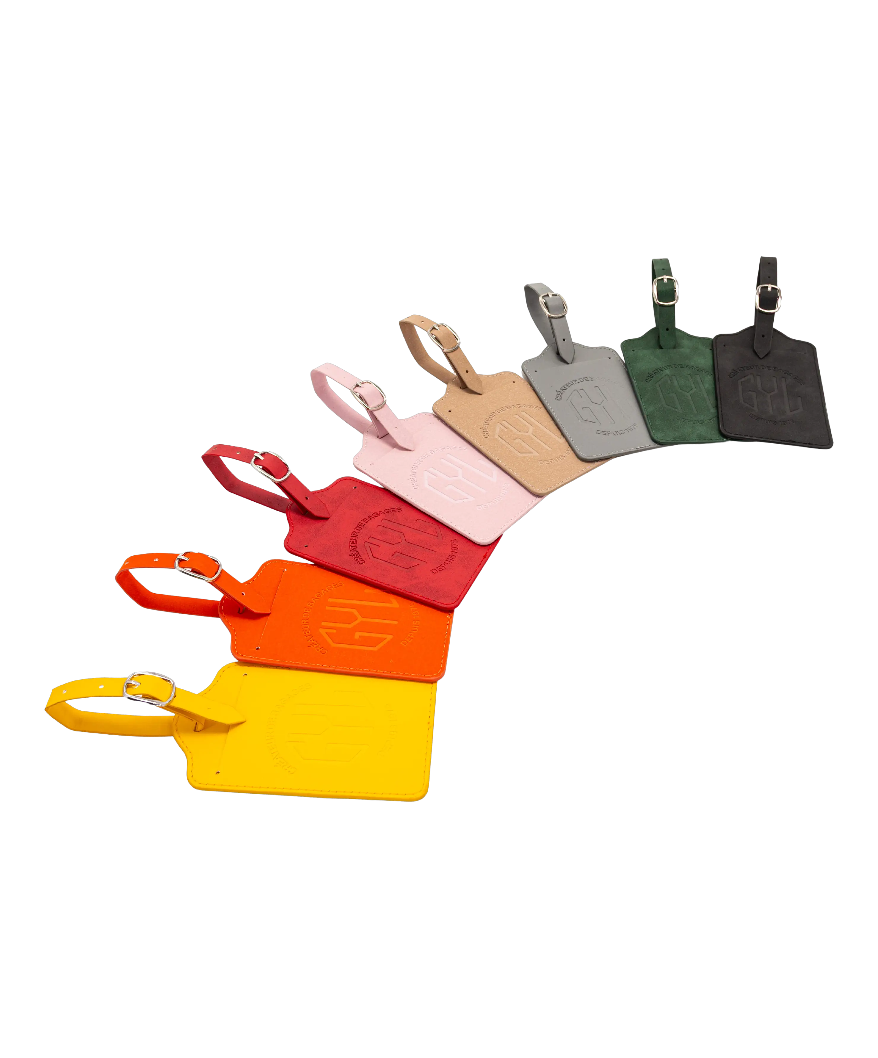 Étiquette à bagages GYL en cuir synthétique 8 coloris présentées en éventail fond transparent