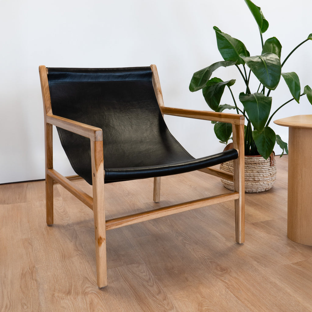 Apache - Sillón de Teca y Piel de Vaqueta Negra