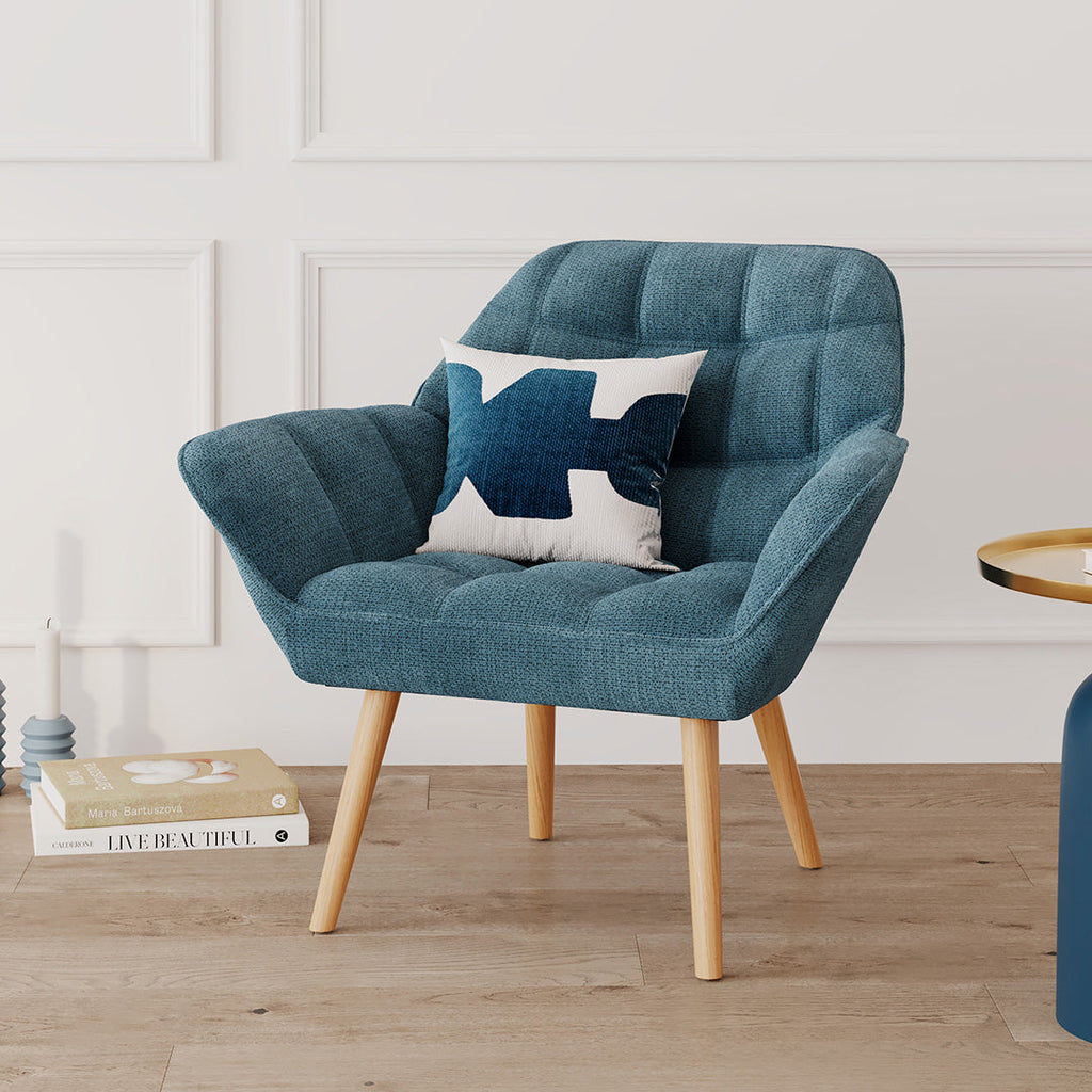 Simba - Fauteuil En Tissu Bleu Et Pieds En Bois
