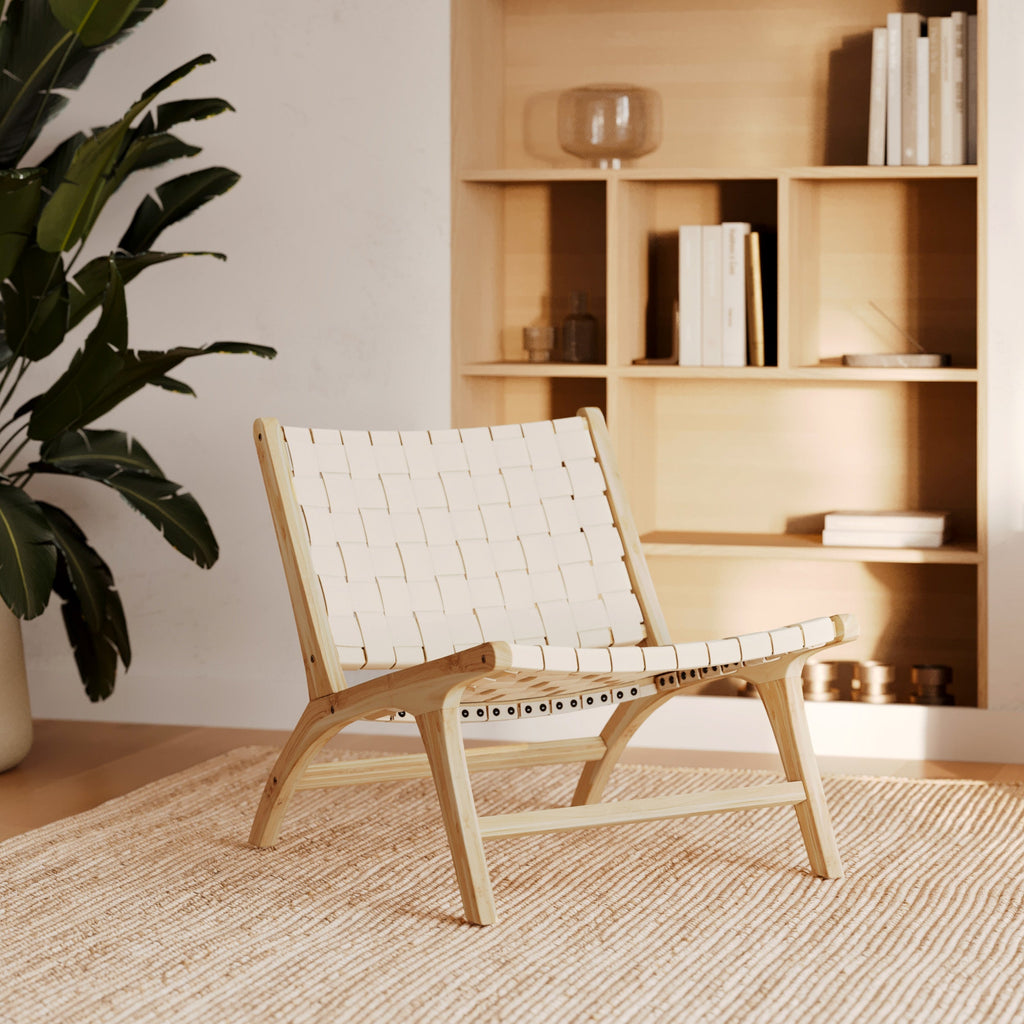 Kuna - Fauteuil En Teck Et Cuir Tressé Blanc