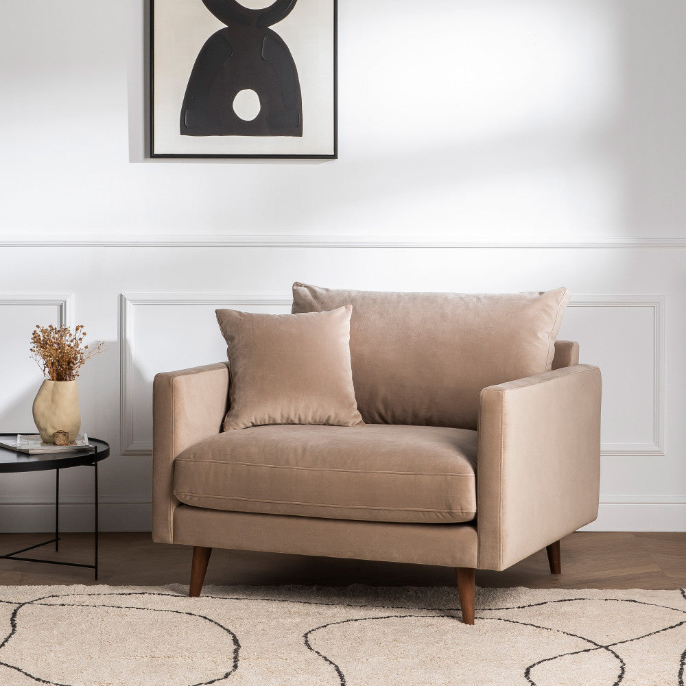 Villabon - Fauteuil Xl - Velours Pieds Bois Foncé - Beige