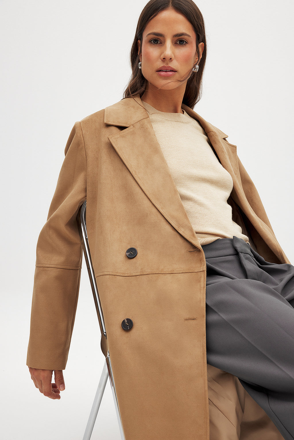 Manteau Faux Suede Double Breasted - Camel
