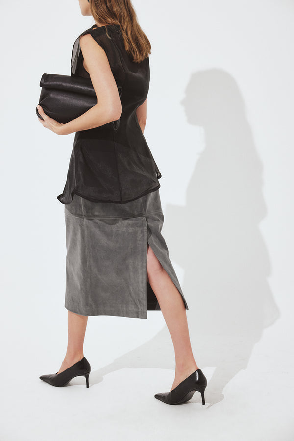 Faux Suede Midi Skirt-Grey