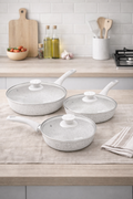 Conjunto De 6 Piezas, Sartén Ø 20, 24, 28 Cm. Con Mangos De Madera Blanca «Stonewhite»