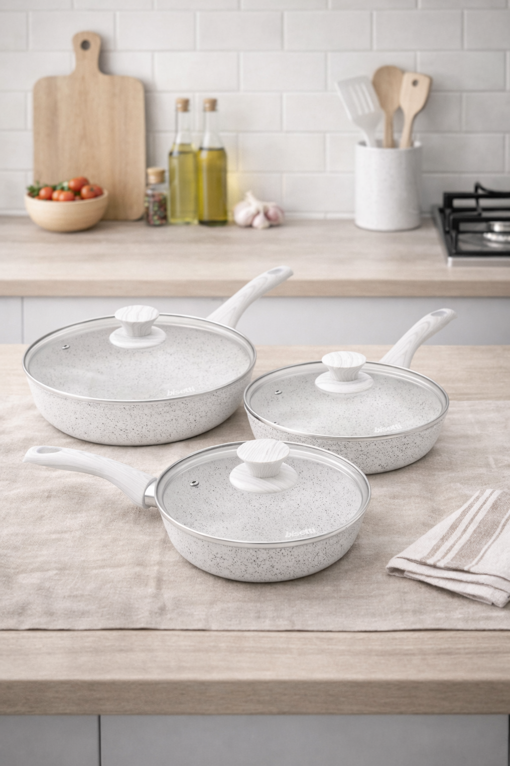 Conjunto De 6 Piezas, Sartén Ø 20, 24, 28 Cm. Con Mangos De Madera Blanca «Stonewhite»