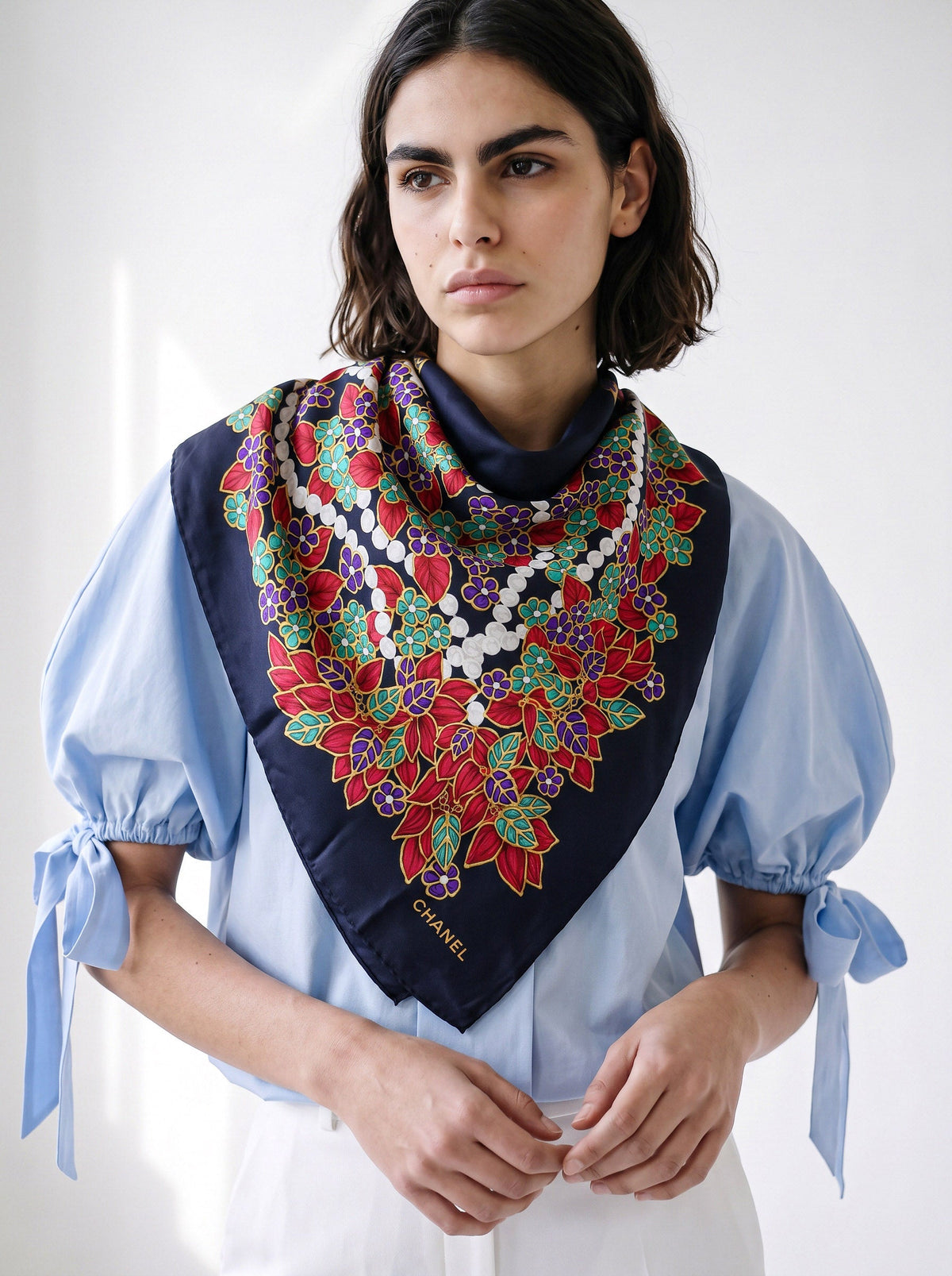 Chanel Large Floral & Pearl Print Shawl