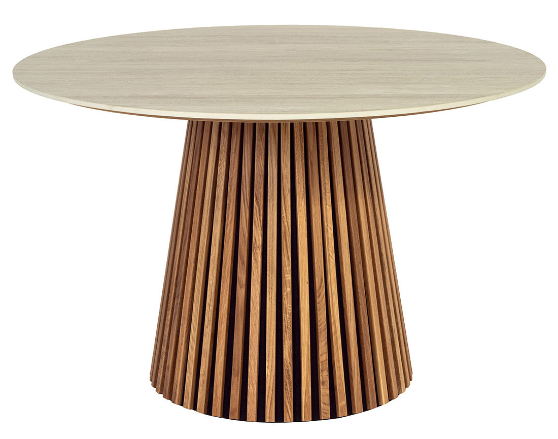 Freya - Round Dining Table for 6 - Wood Effect/Travertine-Effect Top - Wood / Beige