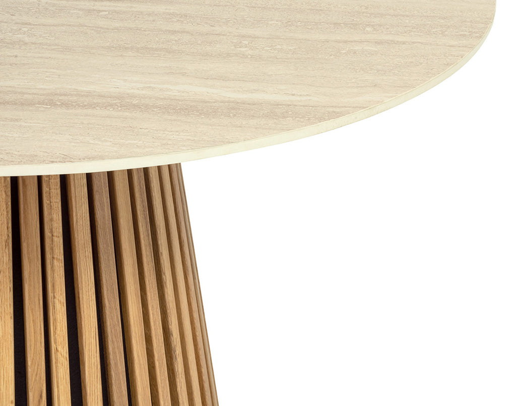 Freya - Round Dining Table for 6 - Wood Effect/Travertine-Effect Top - Wood / Beige