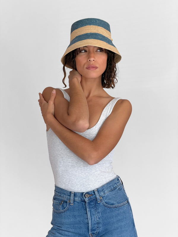Gina Straw Bob - Striped Beige Blue