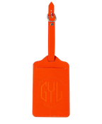 Etiquette a bagages GYL orange vue face avec logo Createur de Bagages fond transparent