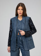 An'ge – Chaqueta Howela Jean, modelo con conjunto de blazer y pantalón azul con mangas de lentejuelas negras