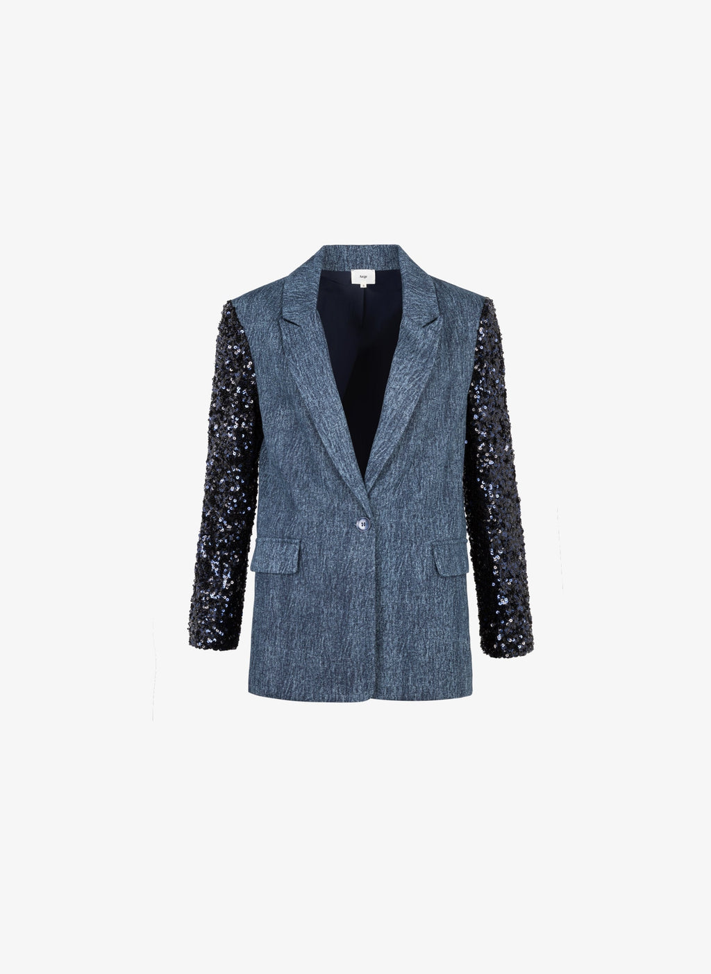 An'ge – Chaqueta Howela Jean, blazer azul marino con mangas de lentejuelas negras, vista de frente