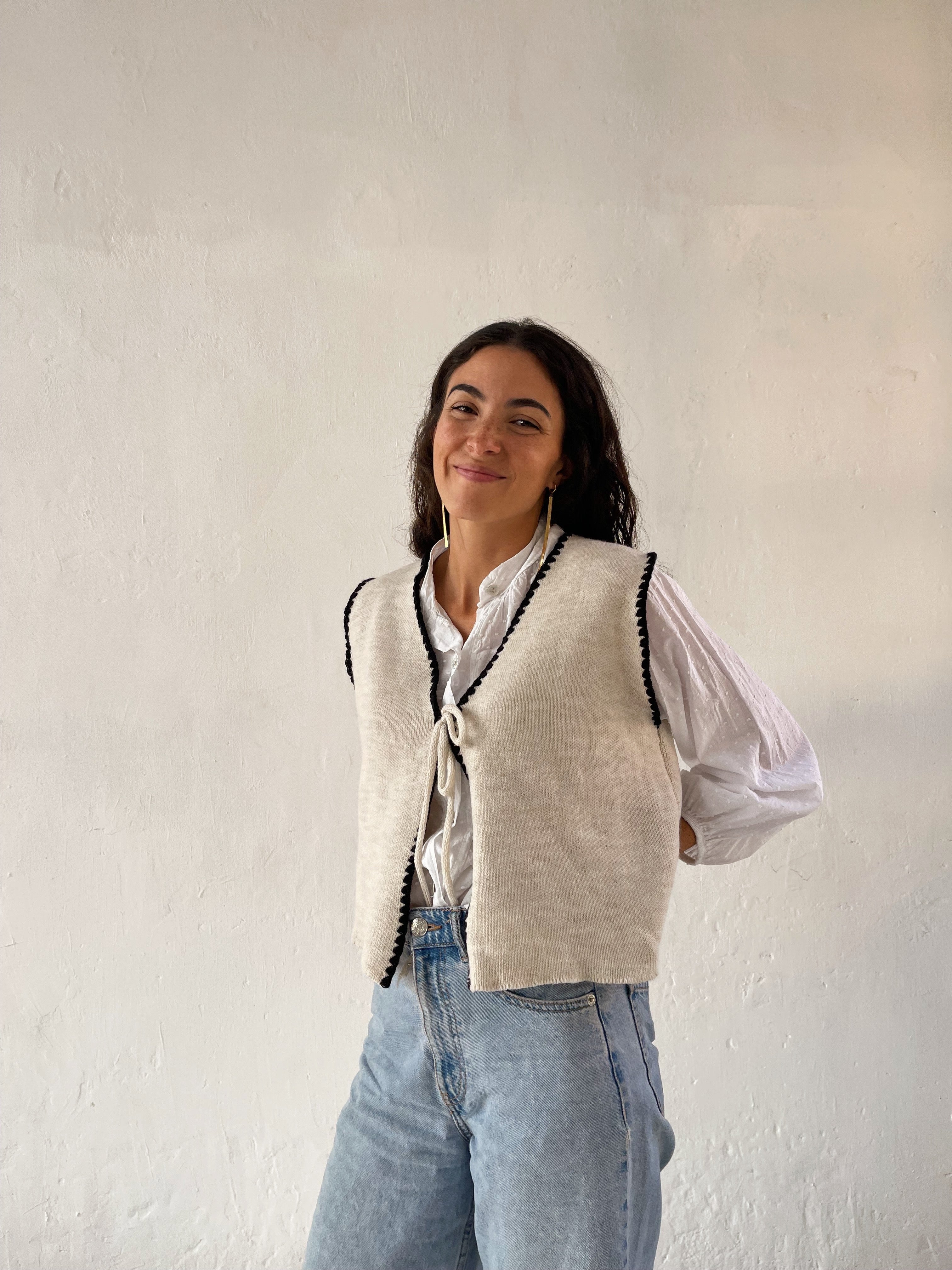 Beige and Navy Knit Cardigan