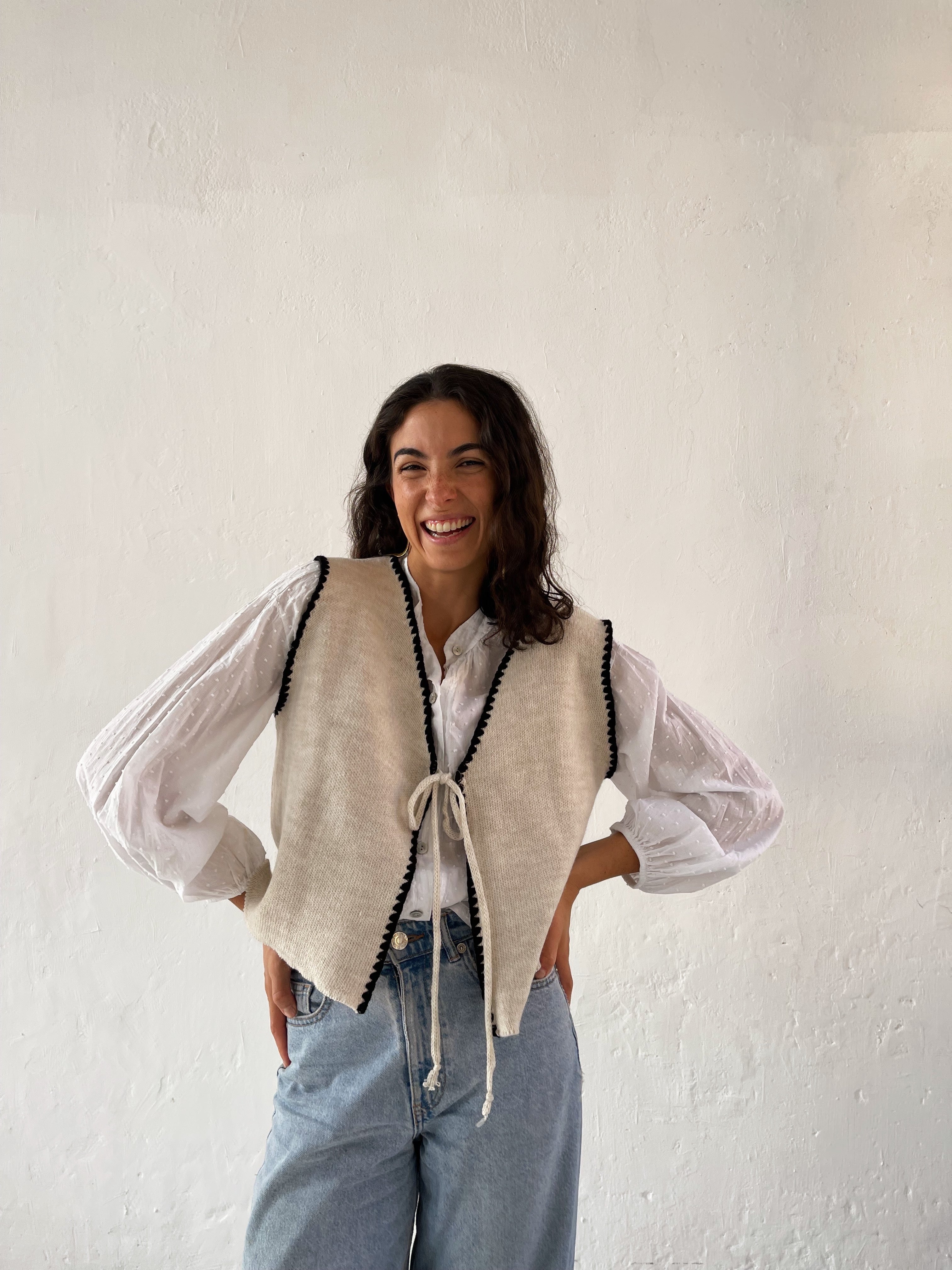 Beige and Navy Knit Cardigan