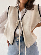 Beige and Navy Knit Cardigan
