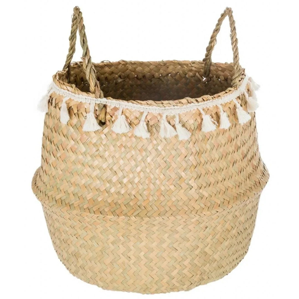 Cesta De Juncos Con Pompones Blancos