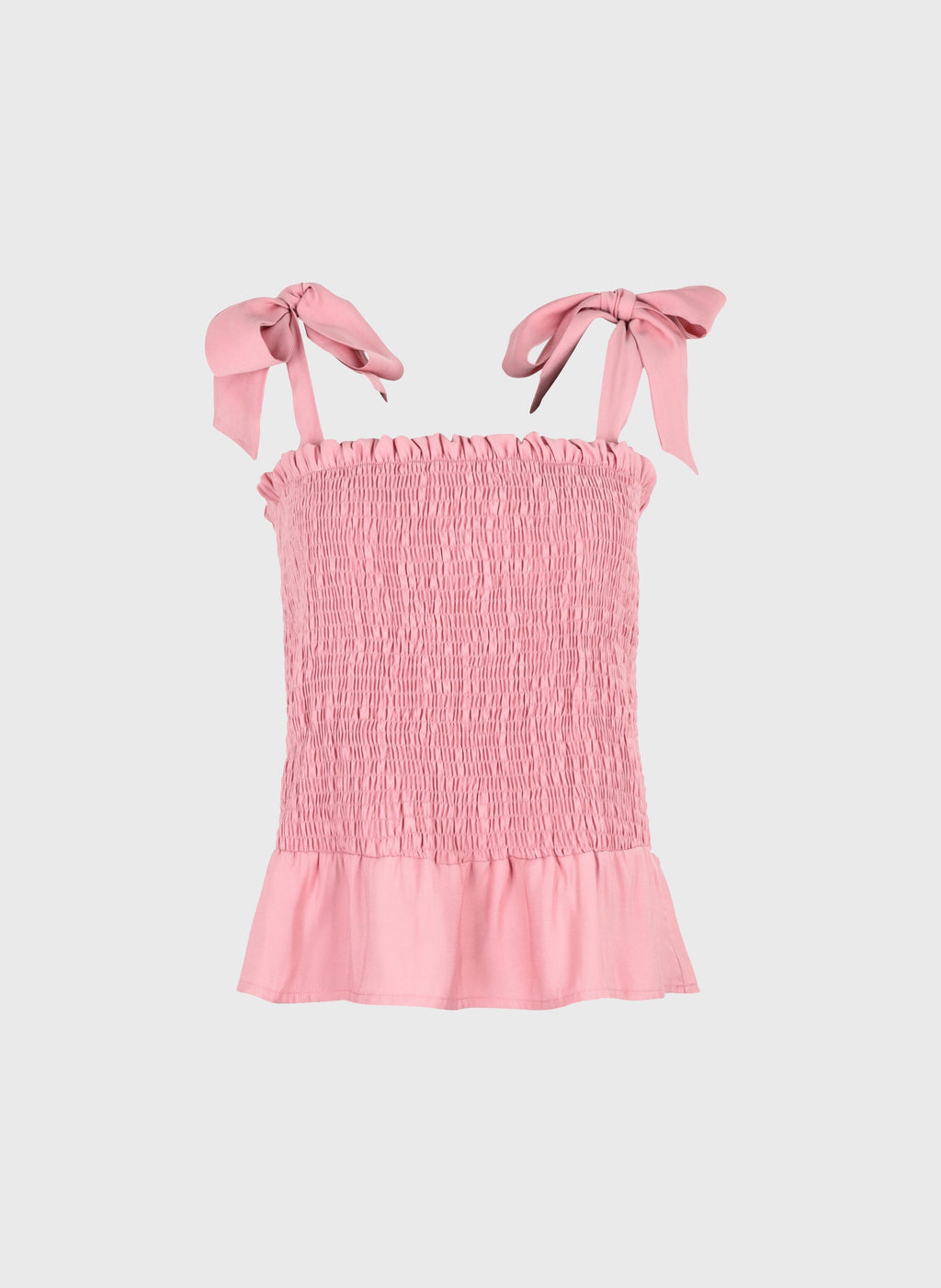 An'ge – Korelita Pink Tank Top, pink smocked top with tie straps, front view against a plain background