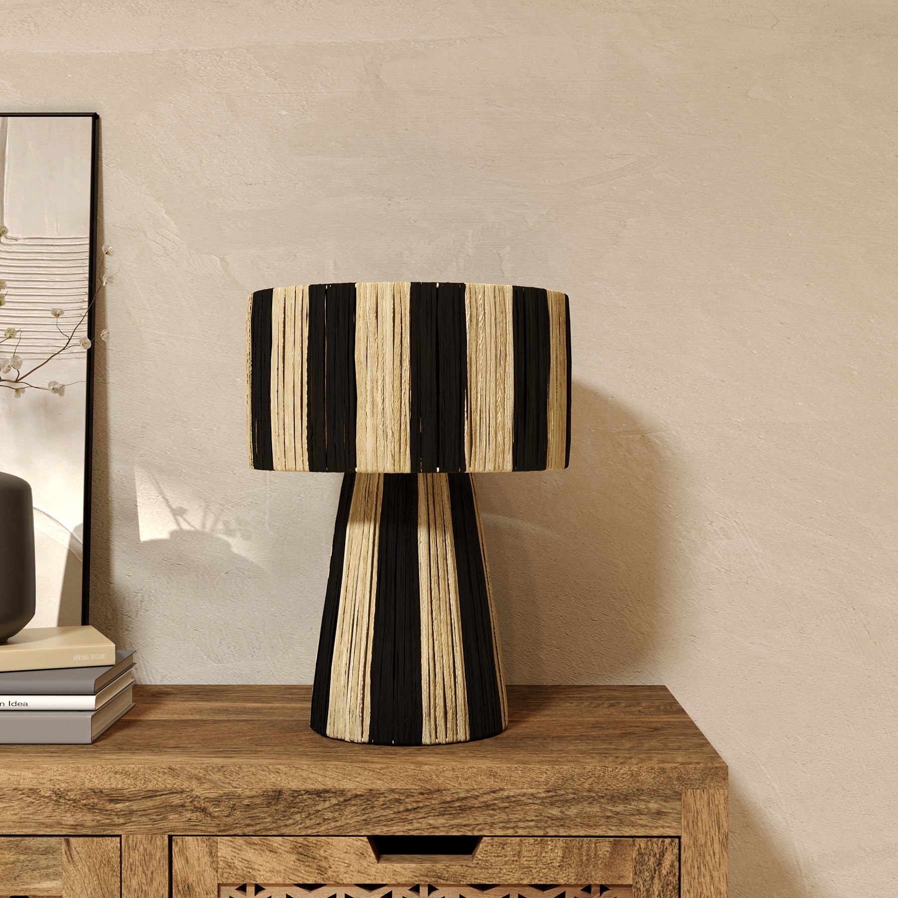 Soléa - Lampe Rayée Noire En Feuille De Palmier
