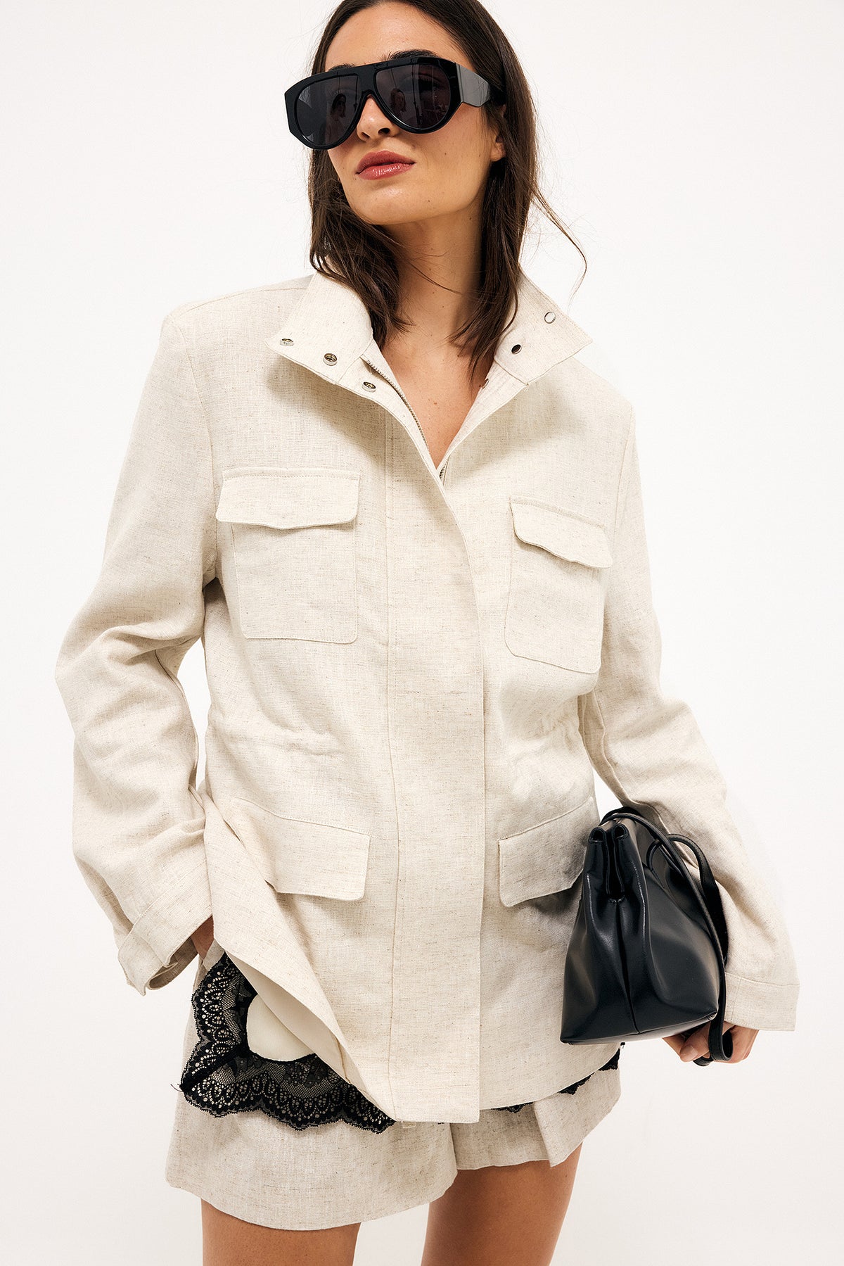 Chaqueta con detalle de bolsillos y cordón - Beige jaspeado