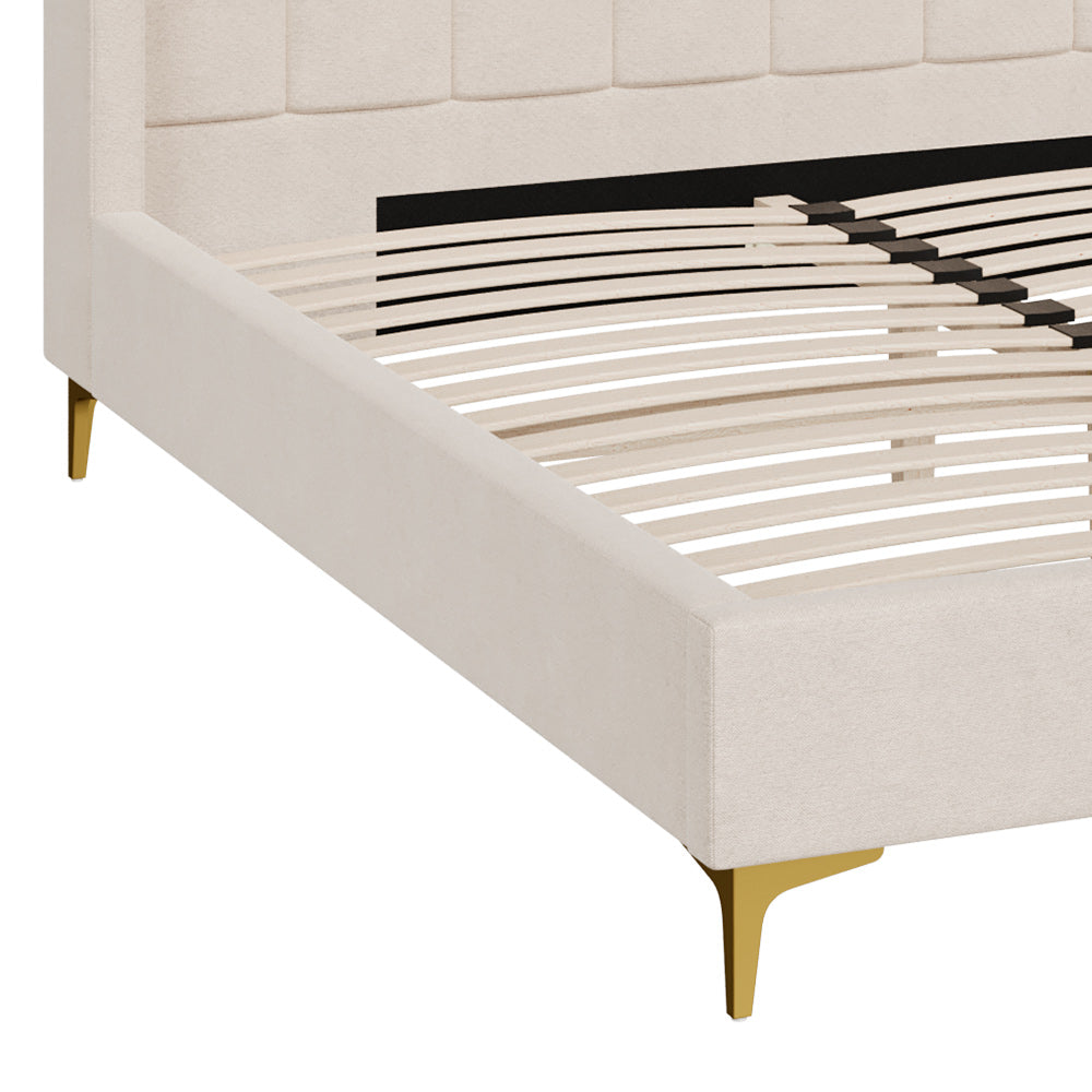 Koda - Cama Doble En Tela Beige Y Pies Dorados