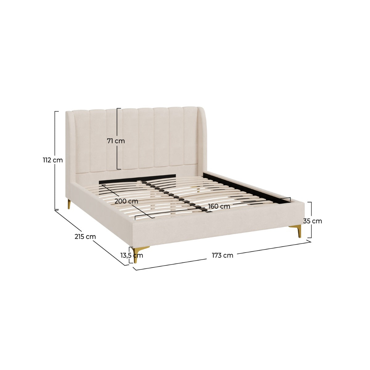 Koda - Cama Doble En Tela Beige Y Pies Dorados