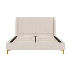 Koda - Cama Doble En Tela Beige Y Pies Dorados